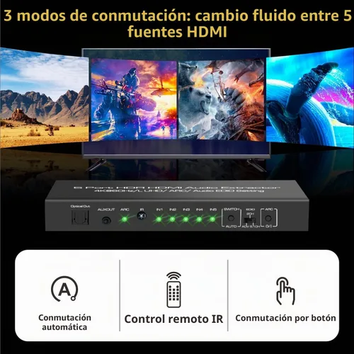 Vista 5 de 5 en 1 salida 4K @60Hz HDMI Switch Extractor de audio con óptico y salida de 0.138 in, divisor de audio HDMI 2.0 compatible con HDR 10, HDCP 2.2
