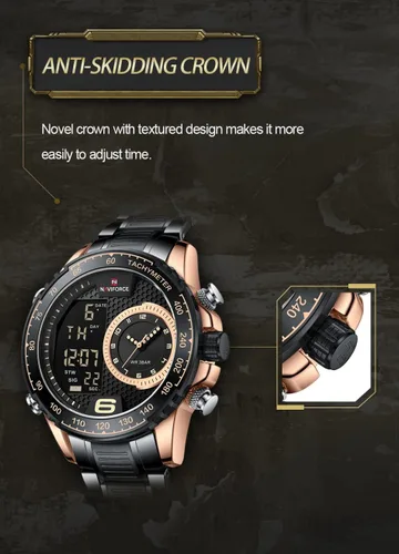 Vista 7 de NAVIFORCE Reloj para hombre, impermeable, de acero inoxidable, LED, analógico, digital, para hombre, fecha, cronómetro, alarma, reloj deportivo