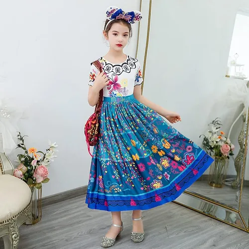 Vista 7 de JingDan Vestido de Encanto para niñas, disfraz de Mirabel Isabela, ropa de cosplay de Halloween con accesorios, 2T-10T