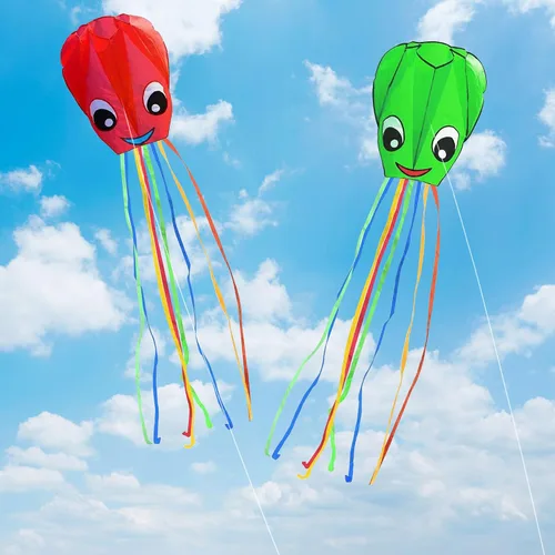 Vista 3 de Paquete de 3 cometas grandes de pulpo sonriente mejoradas, hermosa cometa de cola larga para niños y adultos, fácil de volar a la playa, grandes