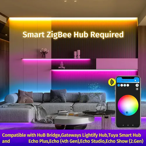 Vista 4 de GIDERWEL Kit de luces de tira LED ZigBee RGBW inteligentes ajustable de 10 m con controlador ZigBee 3.0, funciona con Hub Bridge Echo Plus