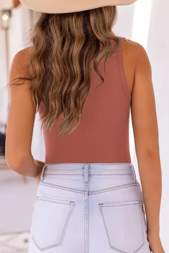 Vista 3 de MISSJOY Body básico sin mangas con espalda cruzada y cuello halter acanalado para mujer