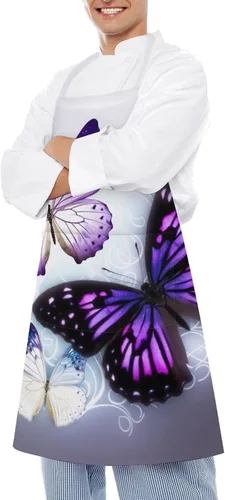 Vista 4 de Personalized White Purple Butterflies Adult Apron, Kitchen Cooking Aprons for Woman Man, Adjustable Bib Apron with Pocket for Baking, BBQ Crafting