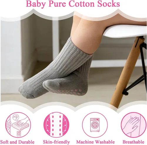 Vista 3 de 8 pares de calcetines de algodón antideslizantes para niños y niñas, recién nacidos, calcetines antideslizantes