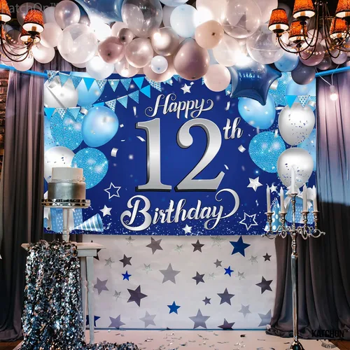 Vista 4 de KatchOn, Cartel de feliz cumpleaños número 12, 72 x 44 pulgadas, decoración de fiesta de feliz cumpleaños número 12 azul y plateado para niños