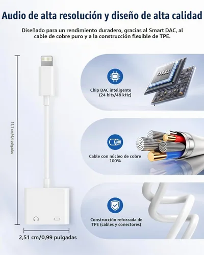 Vista 3 de Apple MFi Certificado - Adaptador 2 en 1 Lightning a conector de auriculares de 3.5mm, cargador rápido y divisor de audio auxiliar dongle