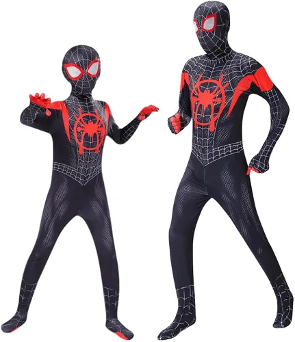 Vista 5 de Leunsyoukin Disfraz de superhéroe para niños, disfraz de araña, estilo 3D, disfraz de Halloween, elastano