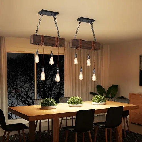 Vista 3 de KEESFU 4 luces colgantes de granja para isla de cocina, luz colgante de techo de madera rústica, altura ajustable, lámpara de comedor para isla