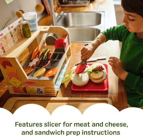 Vista 10 de Melissa & Doug Slice-Stack-Serve, mostrador de sándwiches de madera, tienda de juego de simulación con comida de juguete, dinero de juguete