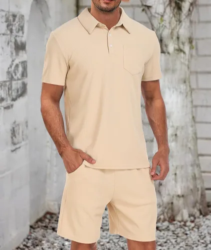 Vista 2 de Conjunto de camisa polo y pantalones cortos para hombre, conjunto de 2 piezas, de verano, casual, de punto gofre, de manga corta, para hombre