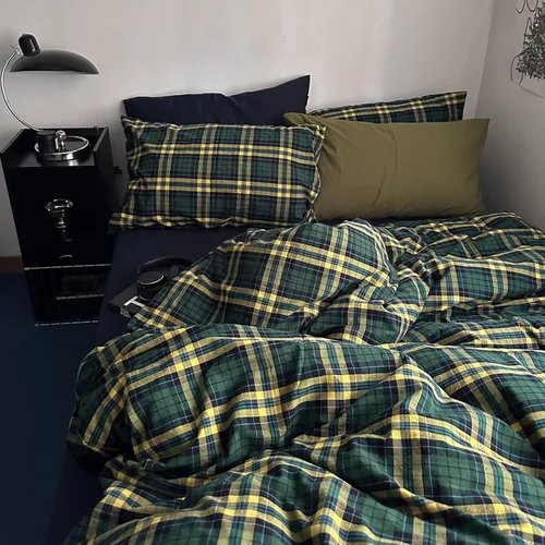 Vista 7 de MKXI Juego de funda de edredón a cuadros de tamaño individual, color verde bosque y amarillo mostaza, ropa de cama de 3 piezas de algodón lavado