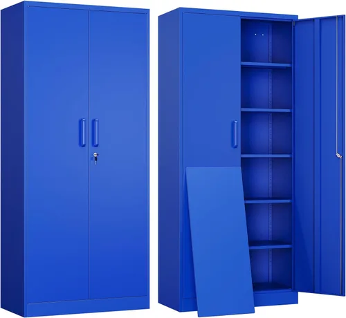 Vista 12 de Yizosh Armario de almacenamiento de metal para garaje con 2 puertas y 5 estantes ajustables, gabinete de archivo de acero con cerradura de 71