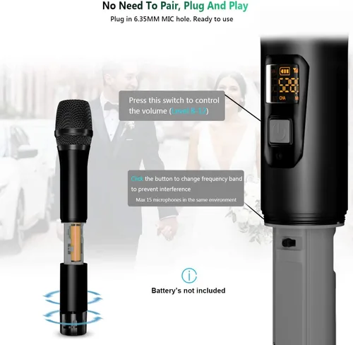 Vista 4 de Bietrun - Micrófono inalámbrico, micrófono dinámico con receptor recargable, conexión automática, diseño de todo metal, rango de 160 pies, micrófono