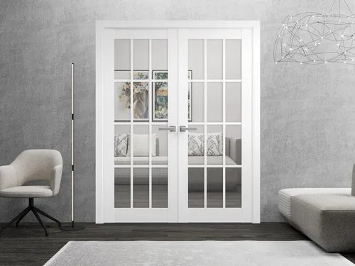 Vista 2 de SARTODOORS Puertas dobles francesas de madera maciza 36 x 84 pulgadas de vidrio transparente de 3 paneles Felicia 3355 Blanco Seda Marcos