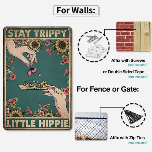 Vista 2 de Letrero de metal retro con texto en inglés «Stay Trippy Little Hippie» para decoración de habitación