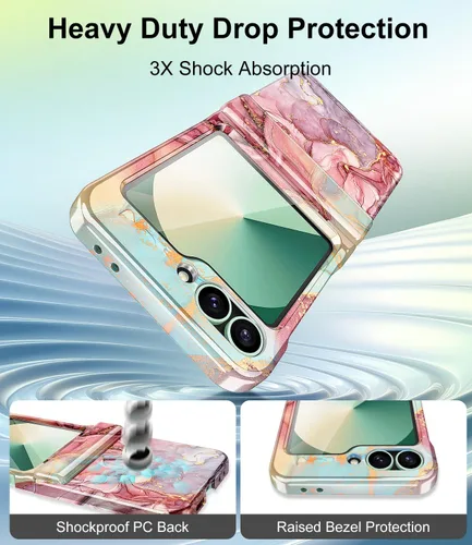 Vista 4 de Btscase Funda para Samsung Galaxy Z Flip 6, protector de pantalla frontal integrado, patrón de mármol dorado con purpurina de policarbonato duro