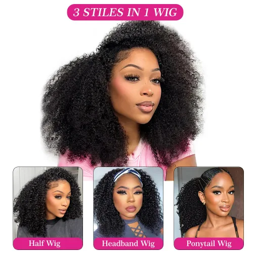 Vista 5 de Wear & Go Pelucas de cabello humano afro rizado sin pegamento, media peluca para mujeres negras, sin costuras, rizado, corte Bob Pixie, peluca