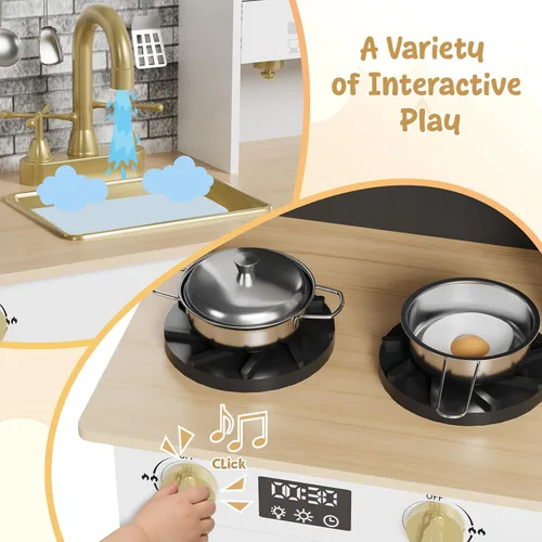 Vista 3 de MAMIZO Cocina de juego para niños, cocina de juguete de simulación de madera, juego de cocina Toodler, estufa con luz y sonido, fregadero