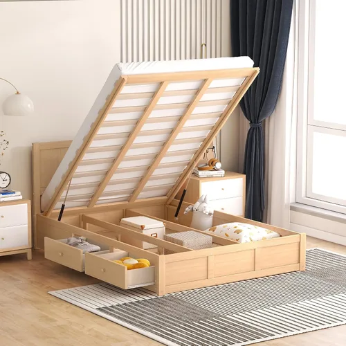 Vista 16 de VilroCaz Cama de plataforma multifunción de tamaño matrimonial con nido y cajones, plataforma de madera con cabecera de almacenamiento y enchufes