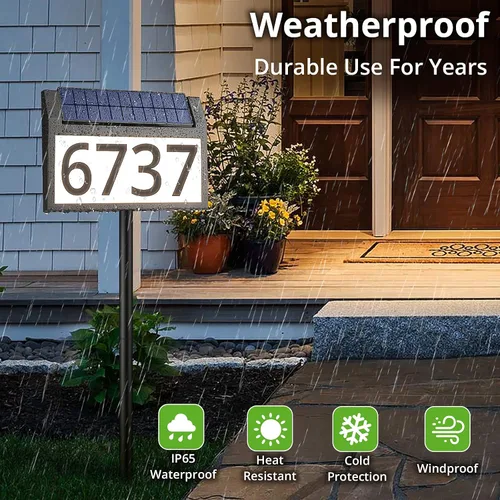 Vista 3 de MAXvolador Letrero de dirección solar iluminado, números de casa impermeables, placas de dirección iluminadas con luces LED solares con estacas, 3