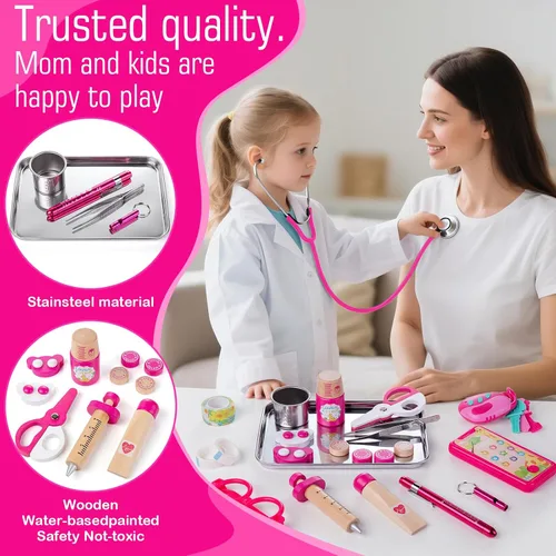 Vista 4 de Sundaymot Kit de Doctor para Niñas, 34 piezas juego de simulación, kit de Doctor para niños pequeños de 3 a 5 años, con bolsa médica, estetoscopio