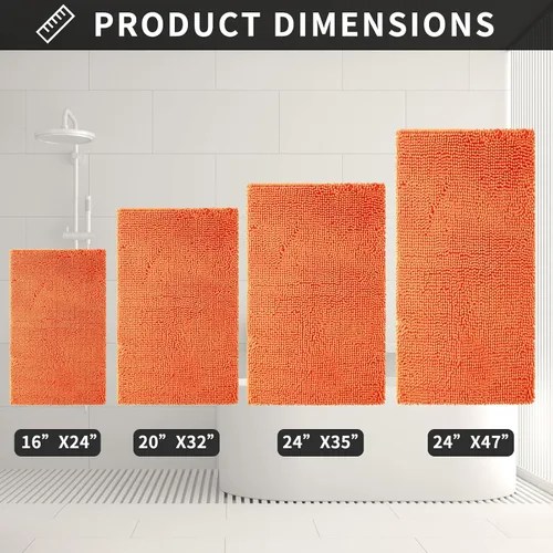 Vista 5 de Alfombra de baño de felpilla, extra suave y absorbente, alfombra de baño lanuda antideslizante, lavable a máquina, 20 x 32 pulgadas, color naranja