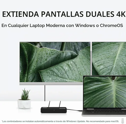 Vista 2 de Plugable Adaptador de monitor dual DisplayPort y HDMI 4K para USB 3.0 y USB-C, compatible con Windows