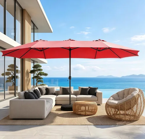 Vista 30 de Sombrilla de doble cara para patio de 15 x 9 pies con base y manivela, sombrilla rectangular extragrande para patio, césped y jardín, beige