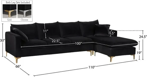 Vista 3 de Meridian Furniture Naomi Collection Modern Moderno seccional reversible tapizado de terciopelo negro contemporáneo con patas doradas o cromadas