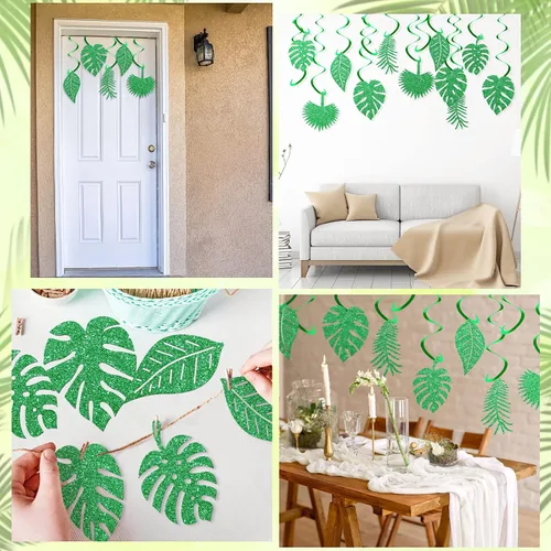 Vista 3 de 32 piezas hawaianas Luau para fiesta, hojas de palmera, remolinos, decoración colgante de techo, decoración verde, fiesta tropical para verano, baby