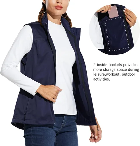 Vista 6 de BALEAF Chaleco ligero Softshell sin mangas para mujer, resistente al viento, cuello alto con bolsillos con cremallera, correr, senderismo, golf