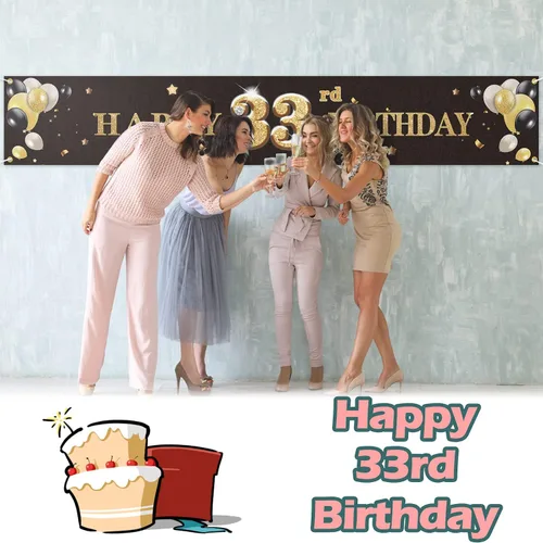 Vista 3 de Cartel de fondo de feliz cumpleaños 33 con texto en inglés "Cheers to 33 Years" para decoración de fiestas, color negro