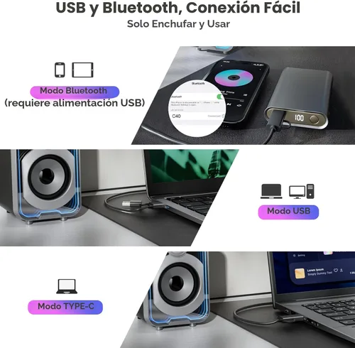 Vista 3 de SOULION Altavoces de computadora 2.0, altavoces de PC con cable Bluetooth de 10 W alimentados por USB con cápsula de fácil control para escritorio