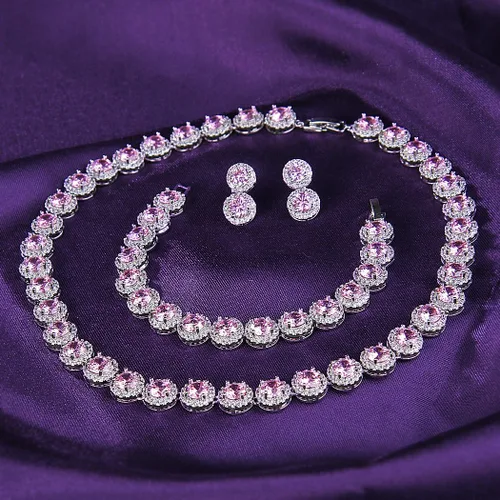 Vista 3 de EVER FAITH Precioso collar de circonita cúbica de corte redondo con piedra natal para novia, aretes y pulseras de tenis, juego de joyas de boda