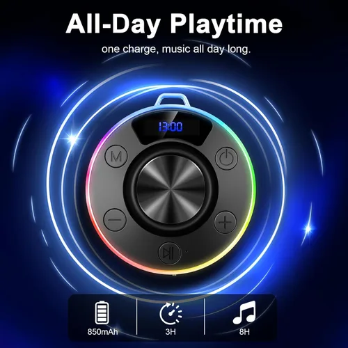 Vista 2 de Altavoz Bluetooth, altavoz de ducha portátil con gancho, altavoces Bluetooth impermeables IPX7 con ventosa, pantalla digital/de tiempo, sonido