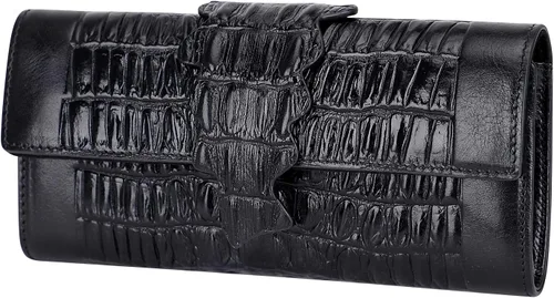 Vista 2 de PIJUSHI Cartera de piel de cocodrilo RFID para mujer organizada Negro