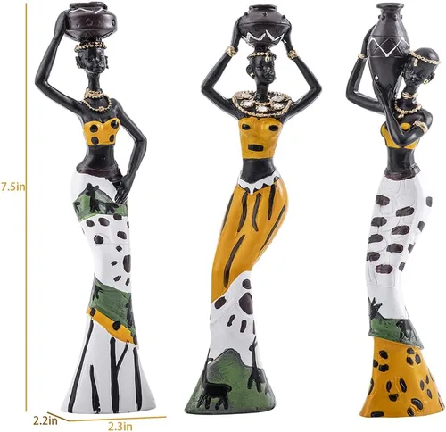 Vista 3 de Galiyen Paquete de 3 estatuas y esculturas africanas para mujeres, figuras exóticas tribales para decoración del hogar, figuras afroamericanas