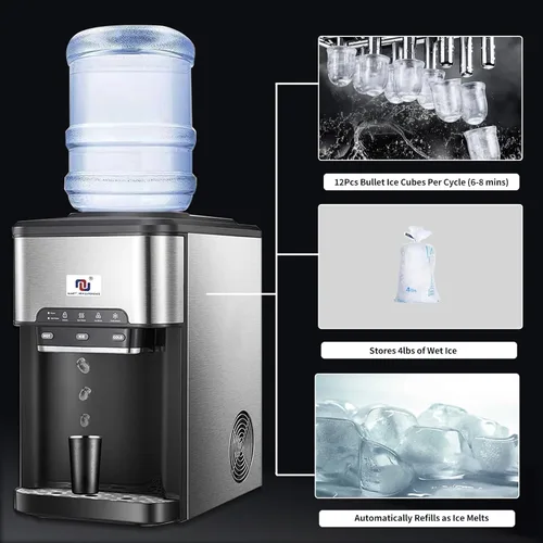 Vista 6 de NUNET Máquina de Hielo Portátil 3 en 1 Dispensador de Agua de Encimera Máquina de Hielo Incorporada 44 libras de Hielo Diario Carga Superior