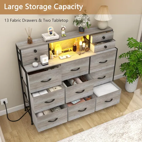 Vista 6 de Cómoda gris con tomas de corriente y luces LED, 13 cajones largos para dormitorio, cómoda de tela de piel sintética para sala de estar, pasillo