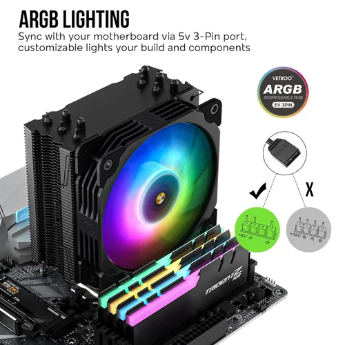 Vista 3 de Vetroo V5 Enfriador de aire para CPU con 5 tubos de calor 120mm FDB PWM Refrigeración del procesador para Intel LGA 1851/1700/1200/115X AMD AM5/AM4