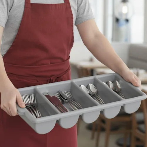 Vista 2 de Soro Essentials - Caja de cubiertos comercial de 4 compartimentos de polipropileno de color gris -Organizador de utensilios de cubiertos de cocina