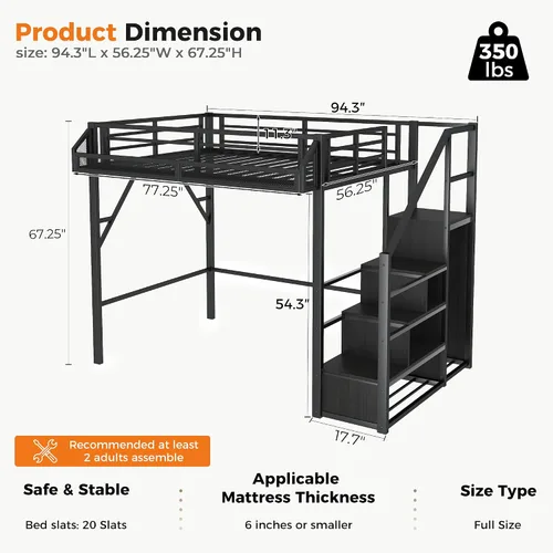 Vista 2 de Cama tipo loft de tamaño matrimonial con escaleras de almacenamiento integradas, armario, marco de cama alta de metal con barandilla lateral