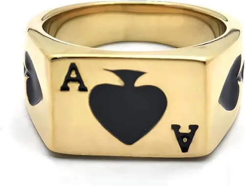 Vista 3 de JAJAFOOK Anillo de acero inoxidable para hombres y mujeres, diseño de espada de póquer, plata y negro, tallas 6-14 Pala Ace Oro Negro