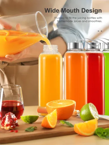 Vista 4 de QCen Botella de vidrio transparente de 18 onzas para jugos, botellas de agua de vidrio reutilizables para máquina exprimidora, con tapas de acero