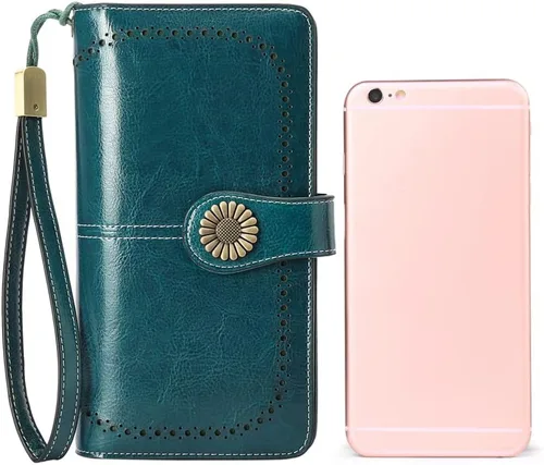 Vista 5 de SENDEFN - Billeteras de cuero genuino para mujer con tarjetero y bloqueo RFID, de gran capacidad y con correa para la muñeca