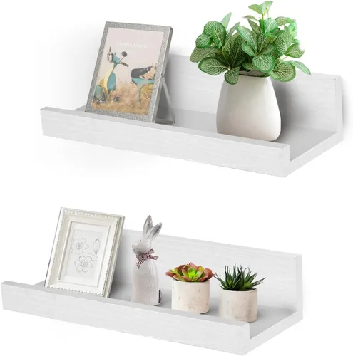 Vista 13 de Muzilife Estantes Flotantes de Pared Pequeños de 12" con Borde - Juego de 2 Estantes Flotantes de Madera - Repisa Negra Montada en Pared