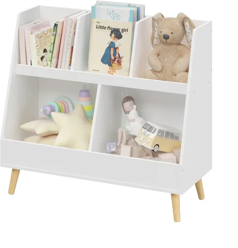 Vista 5 de GDFStudio Estantería para niños y organizador de almacenamiento de juguetes, 5 cubículos, estantería abierta de madera con 2 cubos grandes y patas