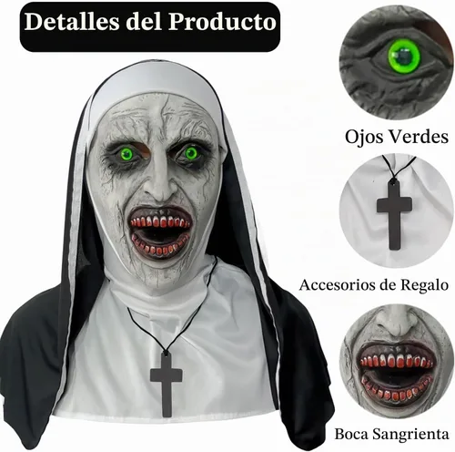 Vista 2 de Máscara de látex aterradora de monja de terror para fiesta de Halloween, disfraz de cabeza completa, máscara espeluznante con collar de cruz