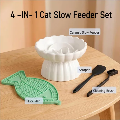Vista 2 de Comedero lento de cerámica para gatos, cuenco elevado para gatos, antivómitos y bigotes, no tóxico Blanco