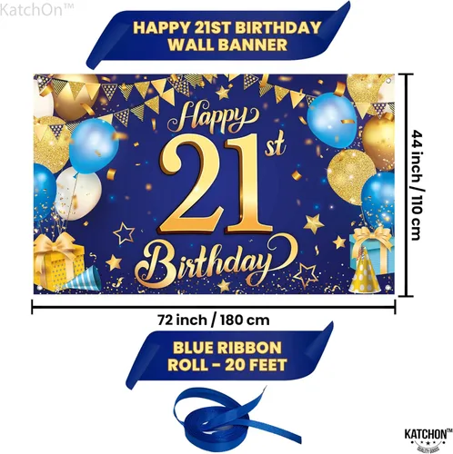 Vista 3 de KatchOn, Cartel de feliz cumpleaños número 21 azul y dorado – XL, 72 x 44 pulgadas Cartel azul y dorado para decoraciones de cumpleaños 21